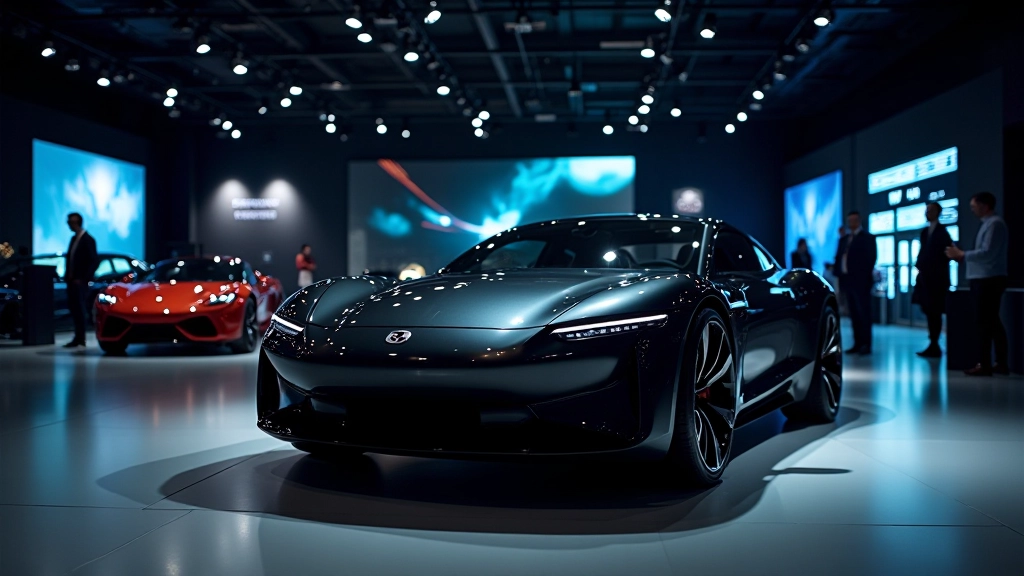 Konceptinės automobilių parodos salė su šviesą, juodi stendai, aukšta technologija, modernaus muziejaus atmosfera