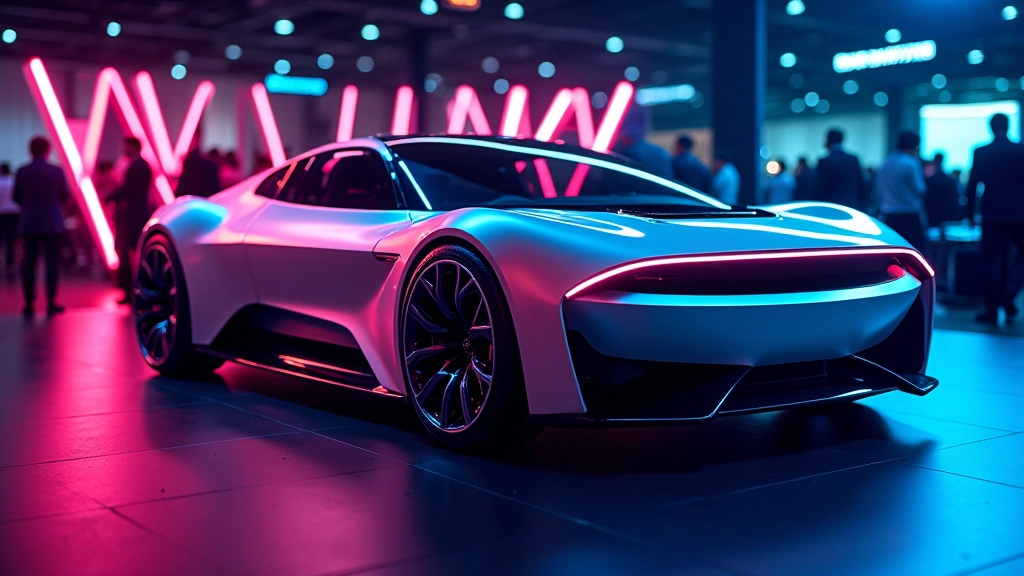 Konceptinio automobilio prototipo šešėlis parodoje, šiuolaikinis apšvietimas, inovatyvus dizainas su dinamiškomis linijomis