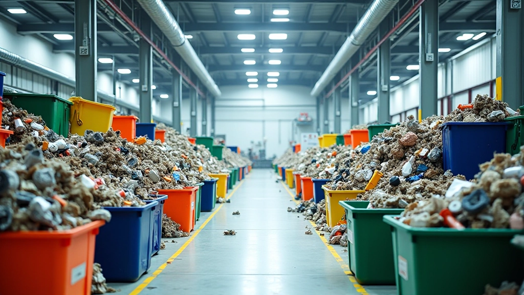 Fabrike esantis atliekų perdirbimo centras su spalvingomis atliekų dėžėmis
