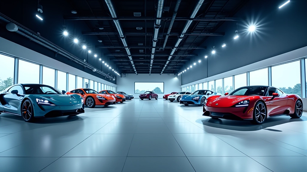 Moderni automobilių parodos erdvė su futuristiniais konceptiniais modeliais, šiuolaikinė ekspozicija su šviesomis ir dizainu