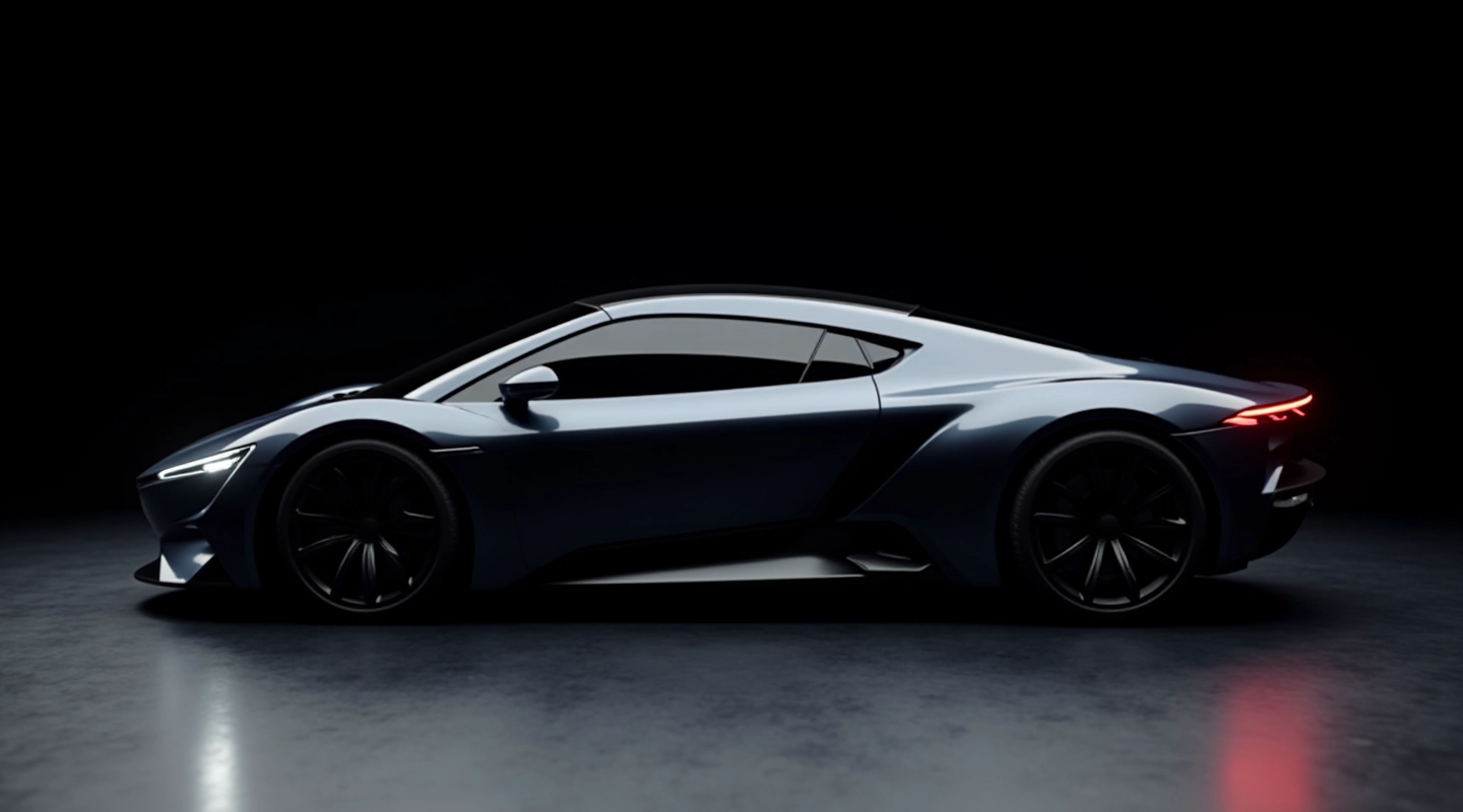 Modernus konceptinis automobilis nuo šoninės perspektyvos, šviečiantis futuristinis dizainas, juodos spalvos fonas, profesionali automobilių fotografija