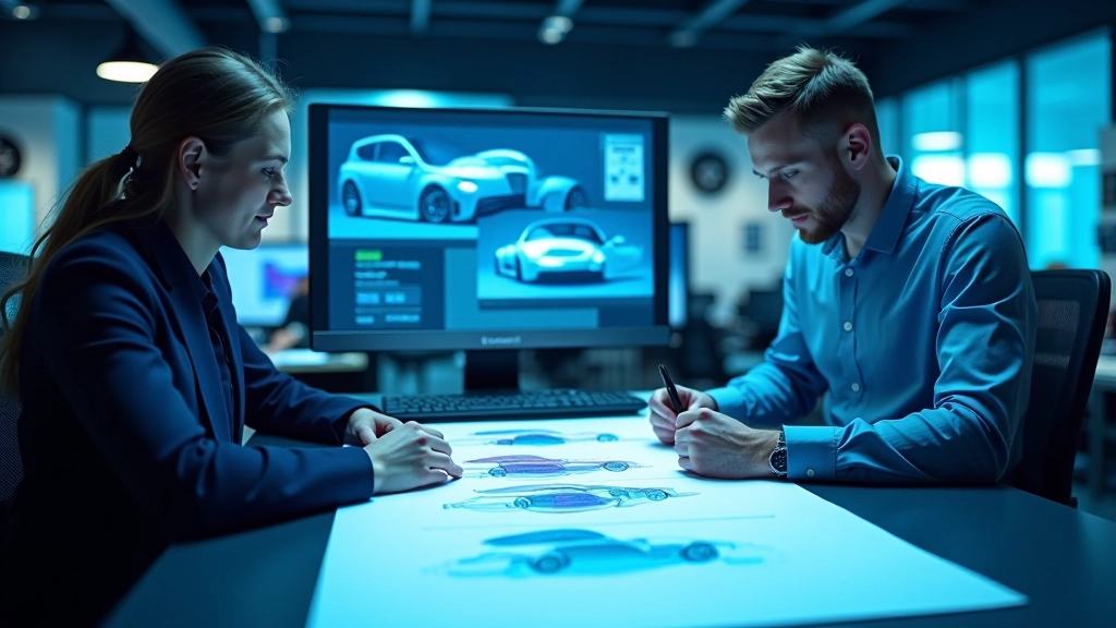 Šiuolaikinis biuras su automobilių dizaineriais prie darbo stalų, spalvoti konceptiniai eskizai, mėlyna šviesa, profesionali aplinka