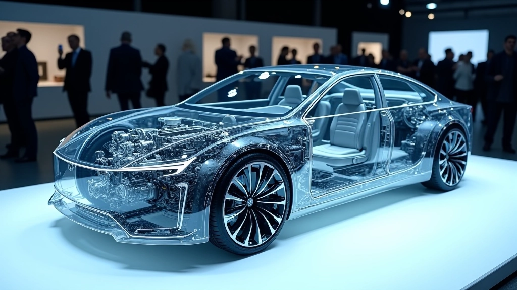 Konceptinio automobilio variklio ir technologijų demonstracija, atvira mašina rodant vidinę struktūrą ir šiuolaikinę inžineriją